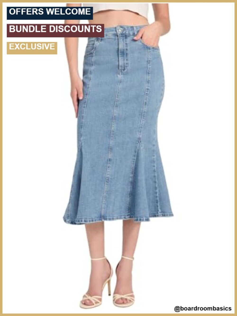 Denim Midi Skirt Fitted Flared Hem Five Pocket Belt Loops